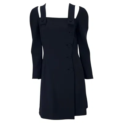 Pre-owned Gianni Versace Couture S/s 1994 Gianni Versace Navy Wool Button Up Pinafore Strap Long Sleeve Dress Us6 In Blue