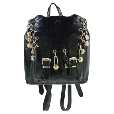 Pre-owned Gianni Versace Couture S/s 1994 Gianni Versace Safety Pin Cut Out Black Leather Mini Runway Backpack