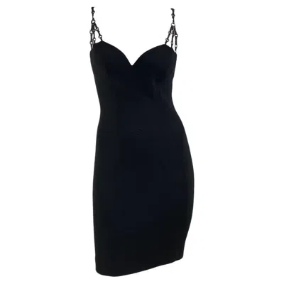 Pre-owned Gianni Versace Couture S/s 1995  Black Bodycon Stretch Dress Leather Metal Ring