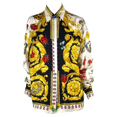 Pre-owned Gianni Versace Couture S/s 1995  Lady Bug Garden Baroque Print Button Up Silk Top In Sand