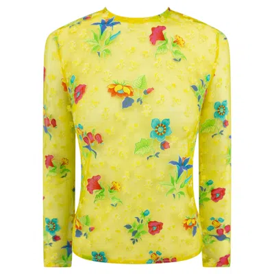 Pre-owned Gianni Versace Couture S/s 1997 Gianni Versace Runway Sheer Bright Yellow Mesh Floral Long Sleeve Top