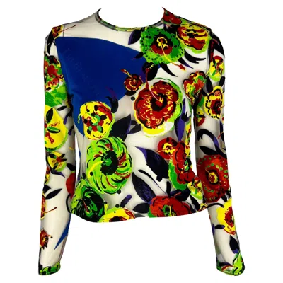 Pre-owned Gianni Versace Couture S/s 1997 Gianni Versace Runway Sheer Pop Art Floral Abstract Print Tulle Top In Black