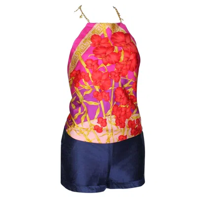 Pre-owned Gianni Versace Couture Ss 2000 Jungle Palm Print Silk Top Dress Shorts 3 Pcs Set In Brown