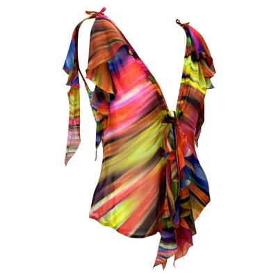 Pre-owned Gianni Versace Couture S/s 2003 Gianni Versace By Donatella Sheer Chiffon Psychedelic Ruffle Tank Top In Brown