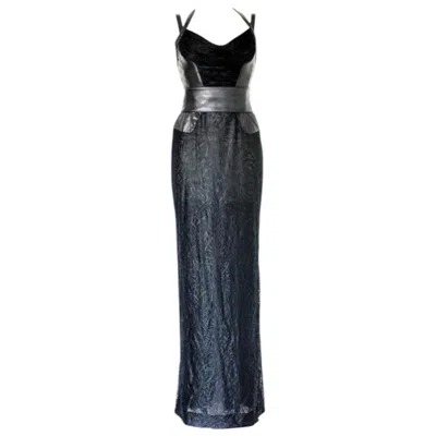 Pre-owned Gianni Versace Couture Unworn  Fw 2001 Black Lace Leather Bondage Gown Dress 40