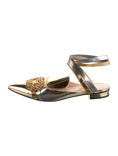 Pre-owned Giannico Leather Crystal Embellishments Flats In Gold/metallic
