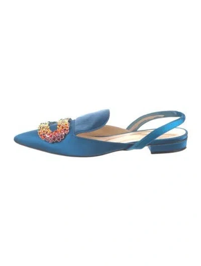 Pre-owned Giannico Satin Crystal Embellishments Slingback Flats In Blue