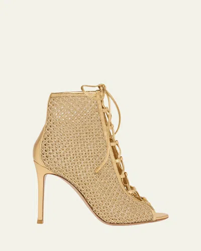 Gianvito Rossi 105mm Metallic Leather And Mesh Lace-up Booties In Neutral