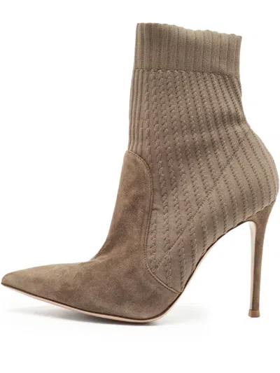 Pre-owned Gianvito Rossi 110mm Knitted-ankle Suede Boots In Brown