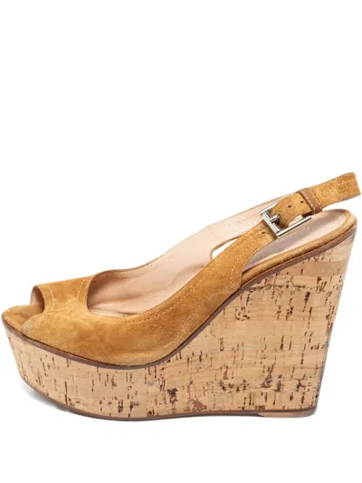 Pre-owned Gianvito Rossi 130mm Leather Wedge Sandals In Brown
