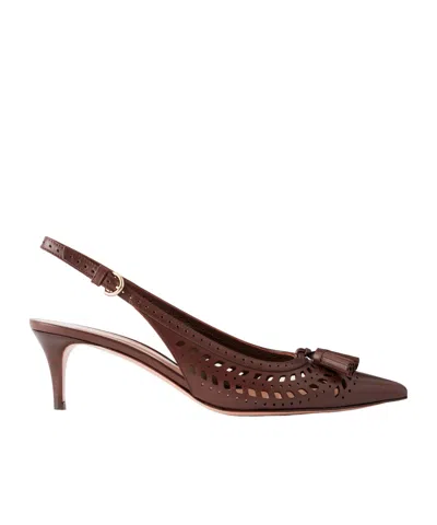 Gianvito Rossi 55 Laser-cut Leather Kitten Heel Slingback Pumps In Brown
