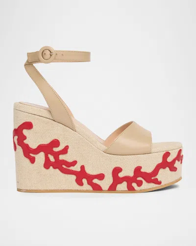 GIANVITO ROSSI 60MM CORAL LEATHER AND CANVAS WEDGE SANDALS