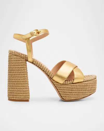 Gianvito Rossi 70mm Bebe Metallic Leather And Raffia Platform Sandals In Gold