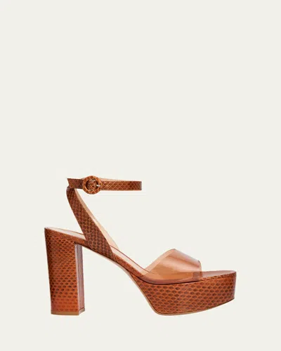 Gianvito Rossi 70mm Plexi Snake-embossed Leather Platform Sandals In Brown