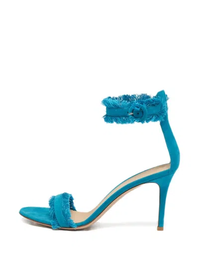 Pre-owned Gianvito Rossi 90mm Fringe Ankle-strap Sandals In Blue