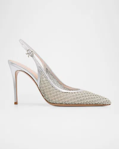 Gianvito Rossi 95mm Itaca Metallic Leather And Mesh Slingback Pumps In Silver