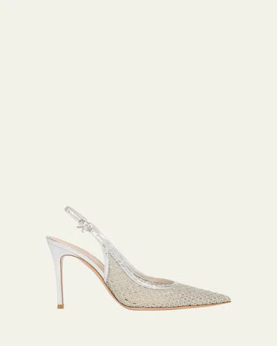 Gianvito Rossi 95mm Itaca Metallic Leather And Mesh Slingback Pumps In Silver
