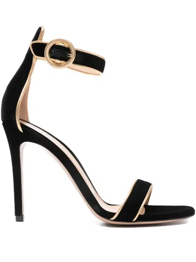 Gianvito Rossi Portofino 105 Metallic Leather-trimmed Velvet Sandals In Black