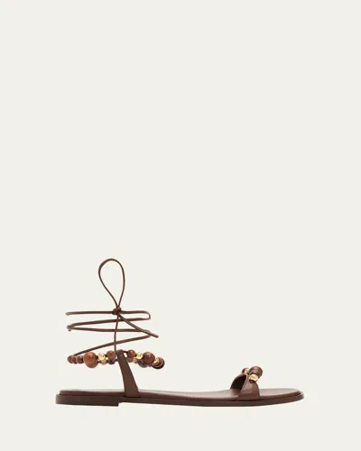Gianvito Rossi Beaded Nappa Leather Flat Ankle-tie Sandals In Multi