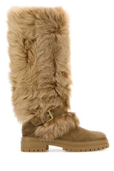 GIANVITO ROSSI BEIGE BUCKLE STRAP BOOTS