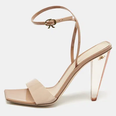 Pre-owned Gianvito Rossi Beige Patent And Pvc Ribbon Ankle Strap Sandals Size 37.5