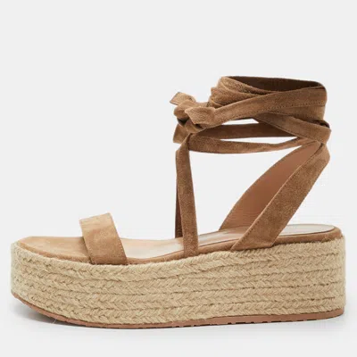 Pre-owned Gianvito Rossi Beige Suede Ankle Strap Wedge Sandals Size 37.5