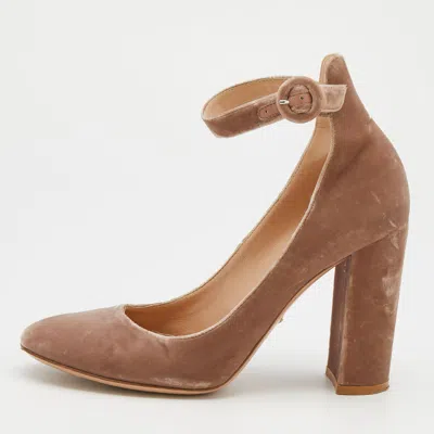 Gianvito Rossi Beige Velvet Block Heel Ankle Strap Pumps In Brown