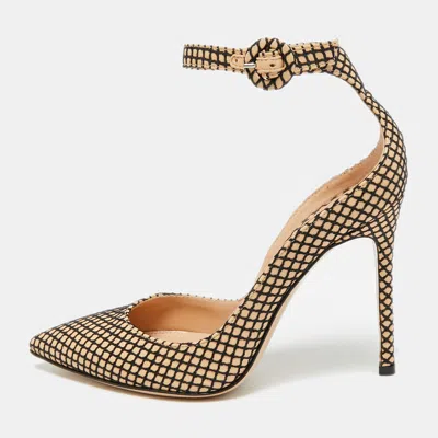 Pre-owned Gianvito Rossi Beige/black Leather Fishnet Ankle Strap Pumps Size 35.5 In Sand
