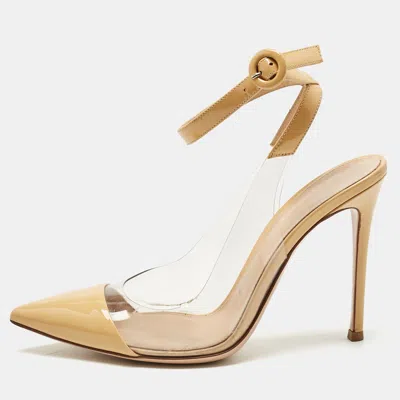 Gianvito Rossi Beige/transparent Leather And Pvc Anise Pointed Toe Ankle Strap Sandals In Brown