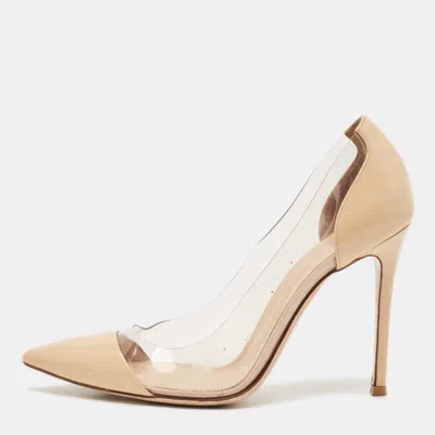 Pre-owned Gianvito Rossi Beige/transparent Patent Leather And Pvc Plexi Pointed Toe Pumps Size 37.5