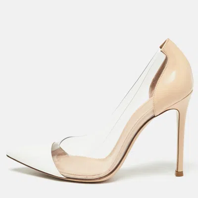 Pre-owned Gianvito Rossi Beige/white Leather And Pvc Plexi Pointed Toe Pumps Size 36