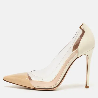 Pre-owned Gianvito Rossi Beige/white Patent Leather And Pvc Plexi Pointed Toe Pumps Size 37