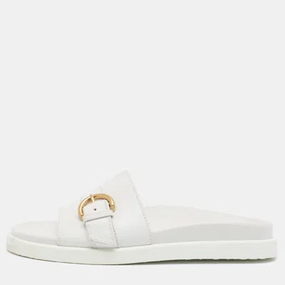 Pre-owned Gianvito Rossi Bilbao Size 38.5 White Leather Buckle Detail Flat Slide