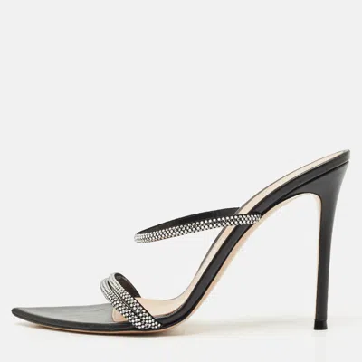 Gianvito Rossi Black Leather Crystal Embellished Cannes Slide Sandals