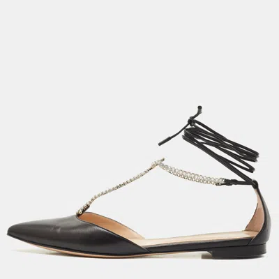 Pre-owned Gianvito Rossi Black Leather Femi Ankle Wrap Pointed Toe Flats Size 40