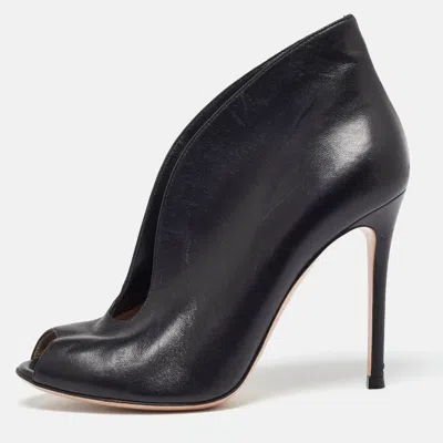 Pre-owned Gianvito Rossi Black Leather Vamp Peep Toe Booties Size 37.5