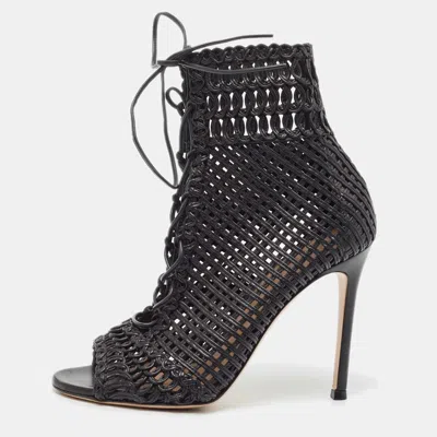 Gianvito Rossi Black Leather Woven Lace Up Sandals