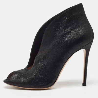 Pre-owned Gianvito Rossi Black Metallic Embossed Suede Vamp Peep Toe Booties Size 40