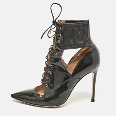 Pre-owned Gianvito Rossi Black Patent And Leather Lace-up Ankle Booties Size 37.5