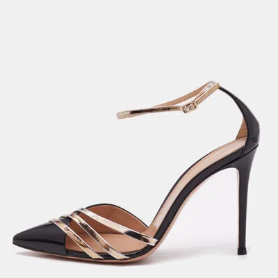 Pre-owned Gianvito Rossi Black Patent Leather Metallic Trim Ankle Strap Sandals Size 39.5