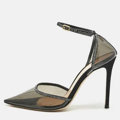Pre-owned Gianvito Rossi Black Pvc And Leather Crystal Embellished Ankle Strap Pumps Size 38