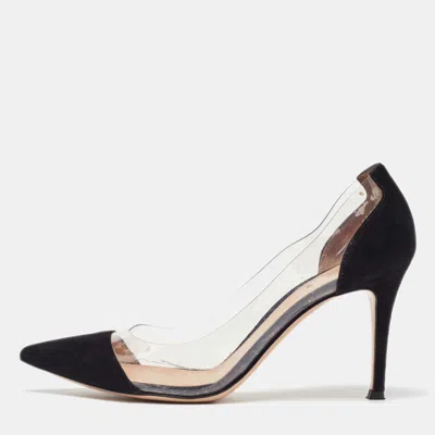 Pre-owned Gianvito Rossi Black Pvc And Suede Plexi Pointed Toe Pumps Size 37.5