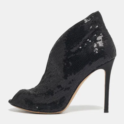 Gianvito Rossi Black Satin And Sequins Vamp Peep Toe Booties