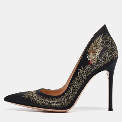 Pre-owned Gianvito Rossi Black Satin Dragon 100 Embroidered Pumps Size 38.5