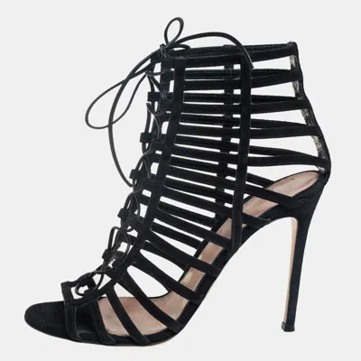 Gianvito Rossi Black Suede Caged Lace Up Sandals