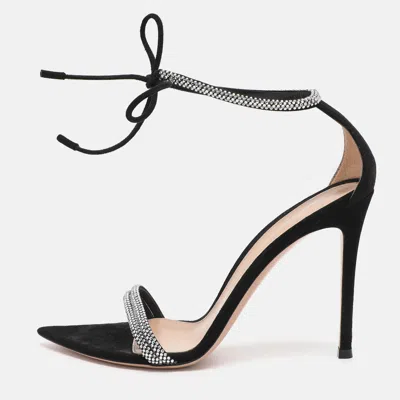 Pre-owned Gianvito Rossi Black Suede Montecarlo Crystal Embellished Ankle Strap Sandals Size 39