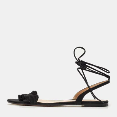 Pre-owned Gianvito Rossi Black Suede Ruffle Detail Ankle Wrap Flat Sandals Size 41