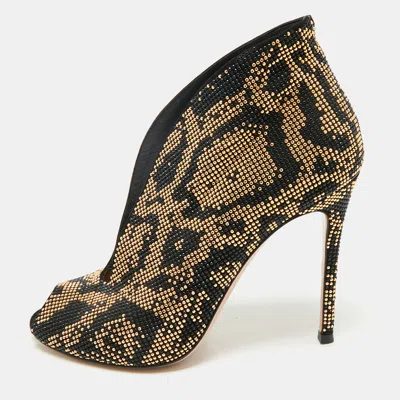 Pre-owned Gianvito Rossi Black/gold Crystal Embellished And Suede Vamp Peep Toe Booties Size 39