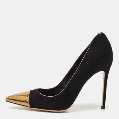 Pre-owned Gianvito Rossi Black/gold Leather And Suede Pointed Toe Pumps Size 40.5