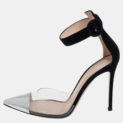 Gianvito Rossi Black/silver Suede And Pvc Ankle Strap Sandals